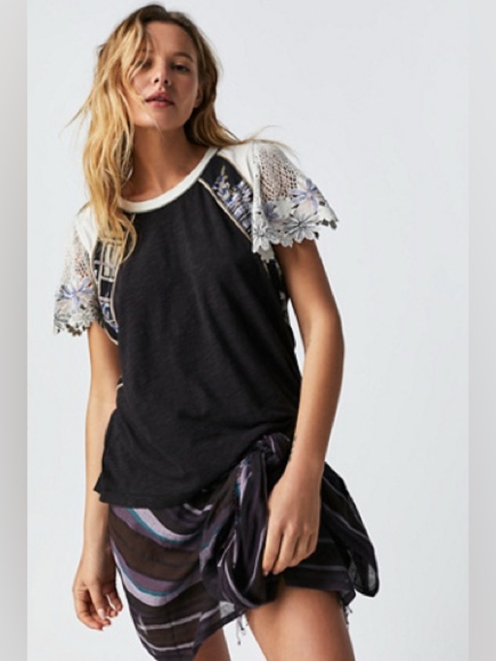 Free People Anthropologie As If Black Cotton Linen Lace Crochet Sleeve Tee XS